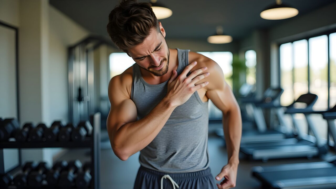Mann mit Zerrung im Schulterbereich im Fitnessstudio – Schmerz durch plötzliche Fehlbelastung beim Training.